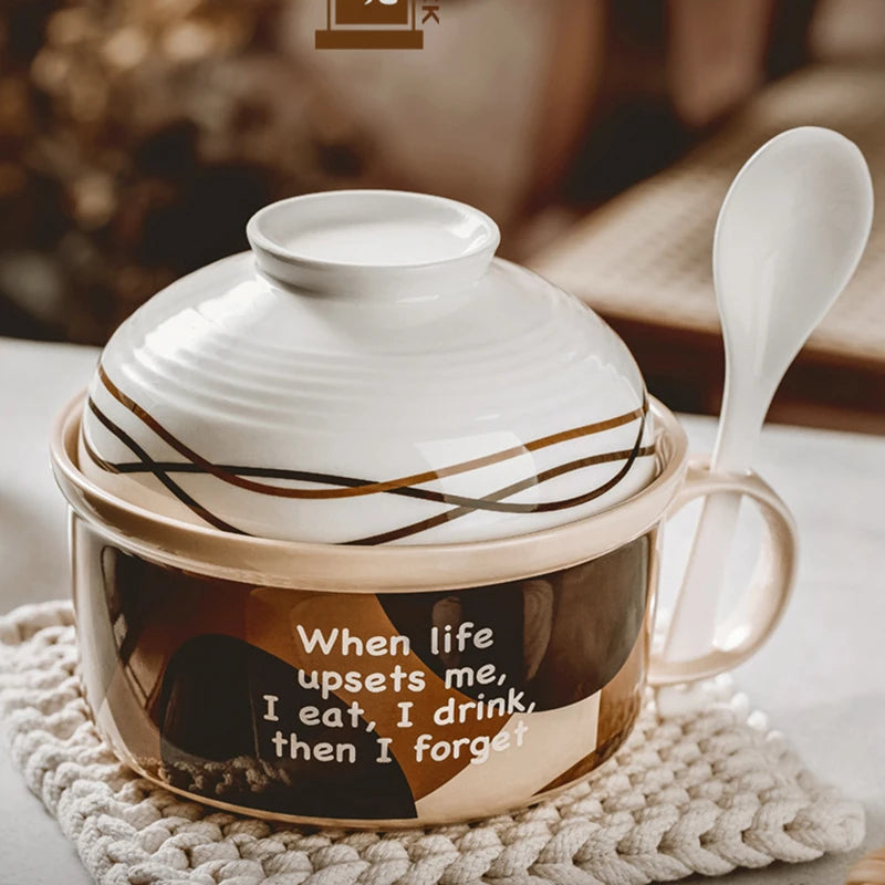 Ceramic Ramen Bowl and Little Rice Bowl Spoon Set, 700ml Instant Noodle Bowl, 400ml Oatmeal Bowl, White Spoon Microwave Safe